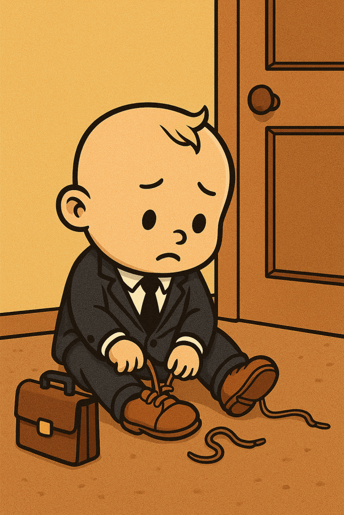 AI generated image of a cartoon baby dressed in a suit, sat down on the floor looking confused while trying to tie their shoelaces. 